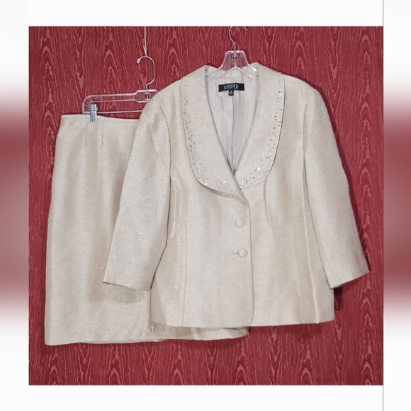 KASPER ASL 2 Piece Cream Sequins Collared Long Sleeve Skirt Suit Women's Size 18 - Picture 1 of 16